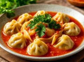 Мясное блюдо, состоящее из мелко нарубленного мяса в тонко раскатанном тесте, приготовленное на п...